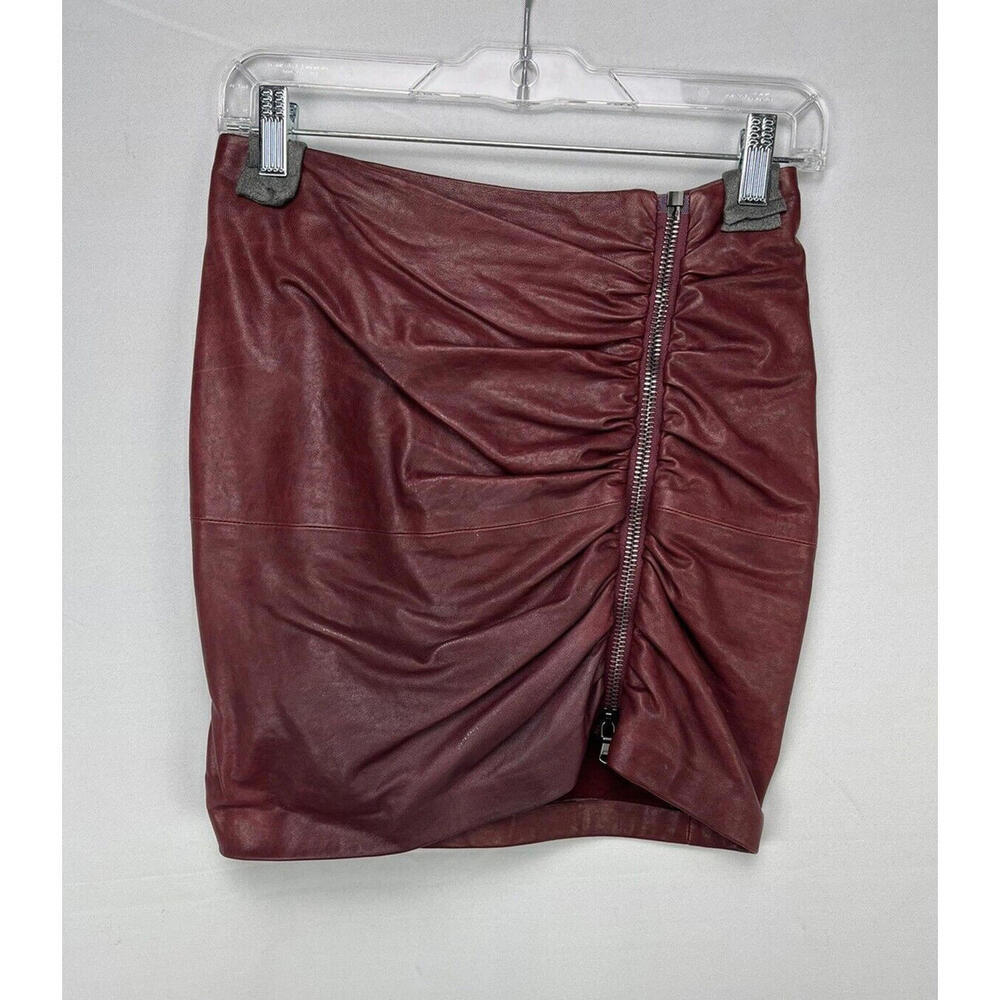 Veronica Beard Leather Zip Ruched Mini Skirt Burgundy Size 6 US